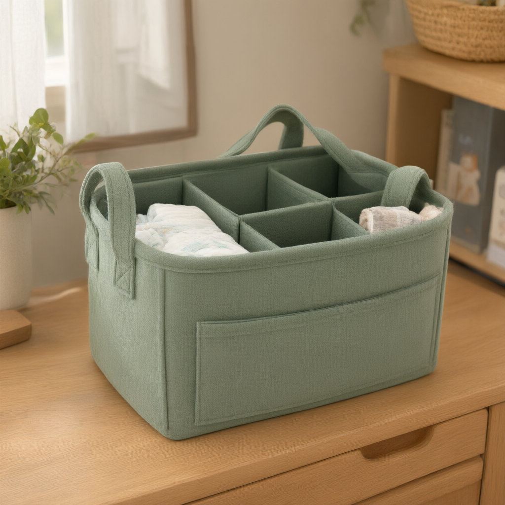 Divided Diaper Caddy — in use